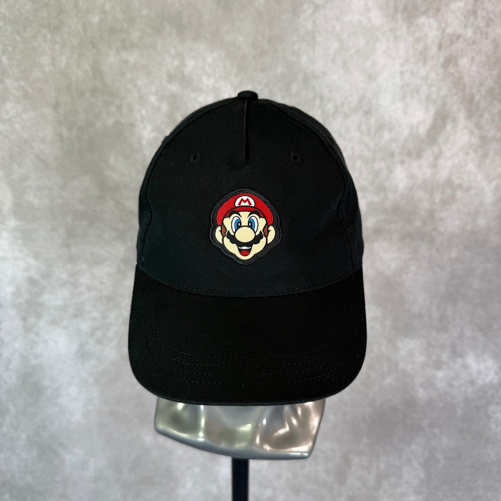 Super Mario Baseball Hat Kids One Size Black Solid Snapback Embroidered Patch